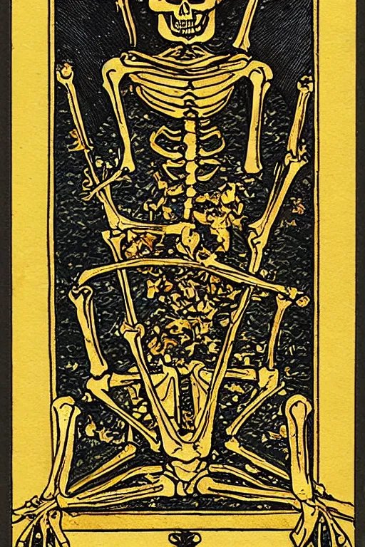 Image similar to tarot card of a king’s skeleton sitting on a decaying throne, ornate, gold foil, intricate design, detailed