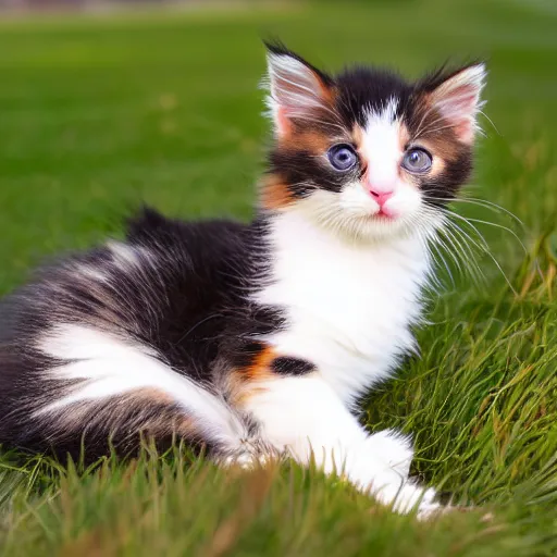 Prompt: cute [[[fluffy]]] calico kitten outside in the front yard grass at sunset on a beautiful summer day, ocean in the distance, highly detailed