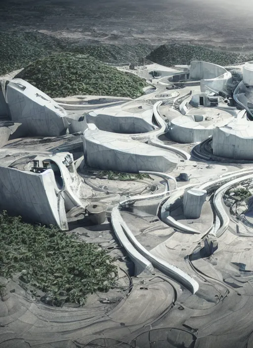 Prompt: techno cyber chuquicamata bioremediation white mining tailing, futuristic horizontal architecture, epic, cinematic, hyperealistic, high detailed, corona render, hdr, ray tracing