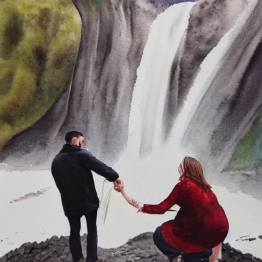 Prompt: a highly detailed watercolor painting of a couple getting engaged by icelandic waterfall Skógafoss