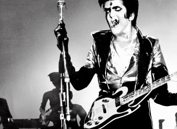 Prompt: Creepy found footage of zombie Elvis performing on stage in an empty stadium