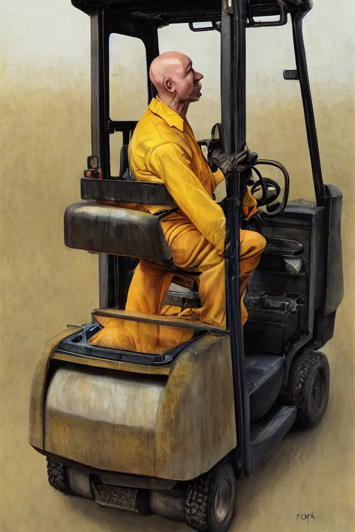 Image similar to a bald man driving a fork lift truck by Frank Frazetta, Ivan Aivakovsky, Boris Vallejo, epic character art, full length, Exquisite detail, post-processing, masterpiece, cinematic, 8k, ultra realistic, hyper detailed