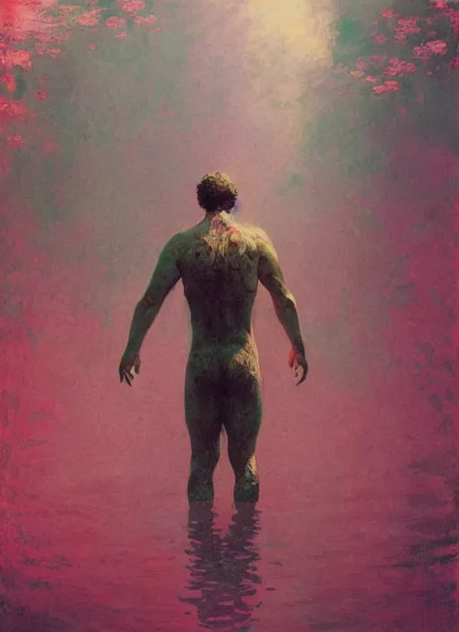 Image similar to sam hyde emerging from pink water by greg rutkowski, claude monet, conrad roset, takato yomamoto, rule of thirds, sigma look, beautiful