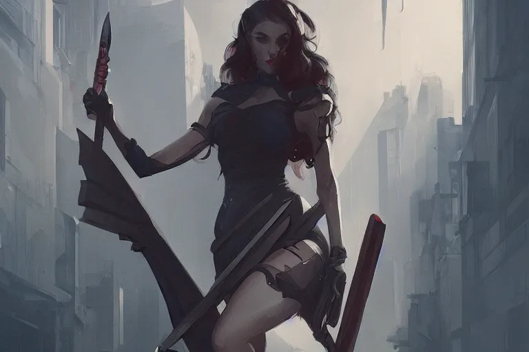 Image similar to seductive goddes holding a grim reapers tool in a modern city in the style of Durand and greg rutkowski, beautiful, geometric, trending on artstation, cinematic