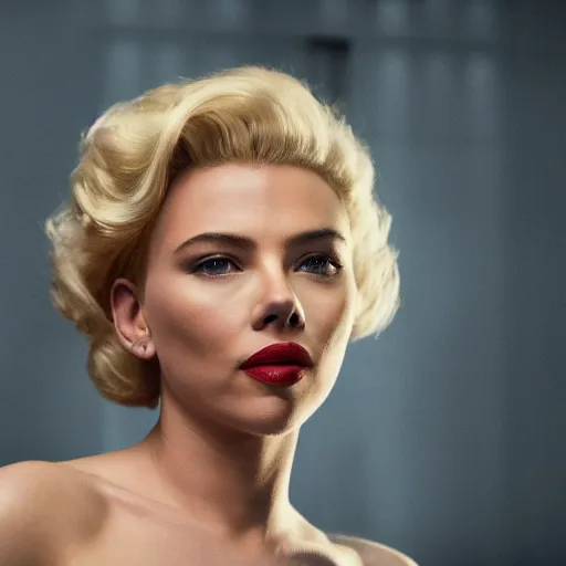 Image similar to stunning awe inspiring scarlett johansen as marilyn monroe, movie still 8 k hdr atmospheric lighting