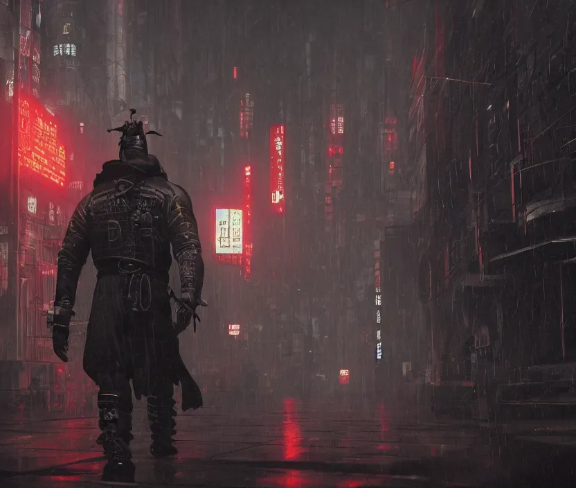 Prompt: 'a samurai in night city cyberpunk thematic , gloomy and foggy atmosphere, octane render, artstation trending, horror scene, highly detailded'