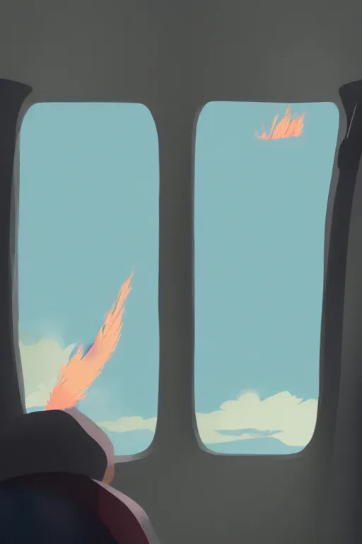 Prompt: passenger looking a wildfire at window in airplane, by Hayao Miyazaki, trending on artstation