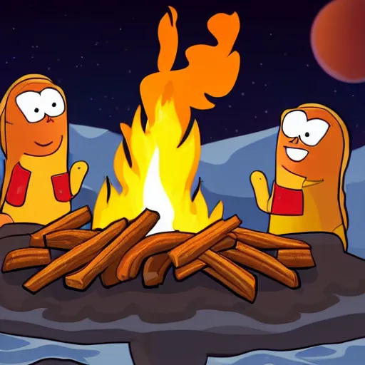 Image similar to family of fries making a campfire on the moon