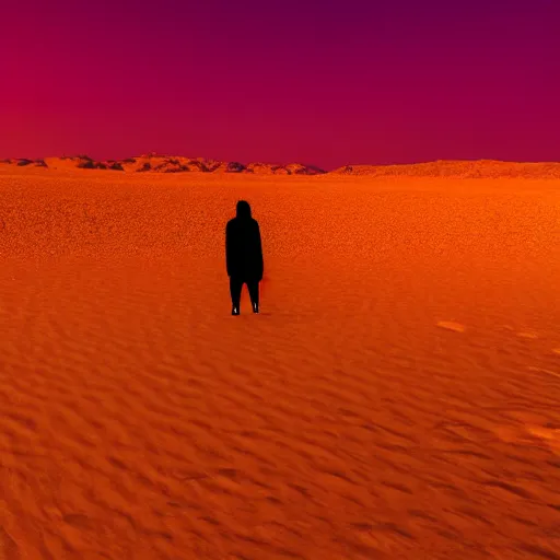 Image similar to a photo of a silhouette of a person in a color lit desert at night