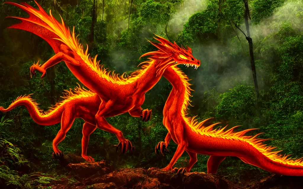 Image similar to handsome fire dragon in Amazon rainforest, background focus, fantasy, magic, realistic textured skin, 8K