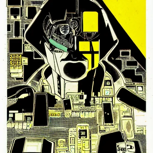 Image similar to a face covered in computer circuits, scifi, bladerunner, cyberpunk, heavy ink, yellow, illustration by mike mignola