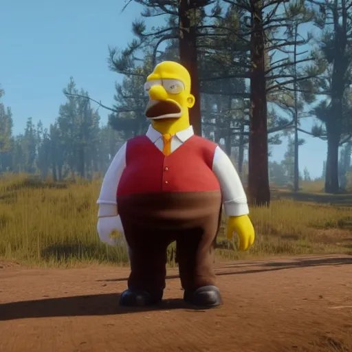 Prompt: Film still of Homer Simpson as a white man in Red Dead Redemption 2 (2018 video game)