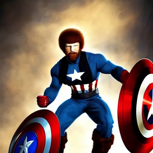 Image similar to Bob Ross as Captain America, photography, portrait