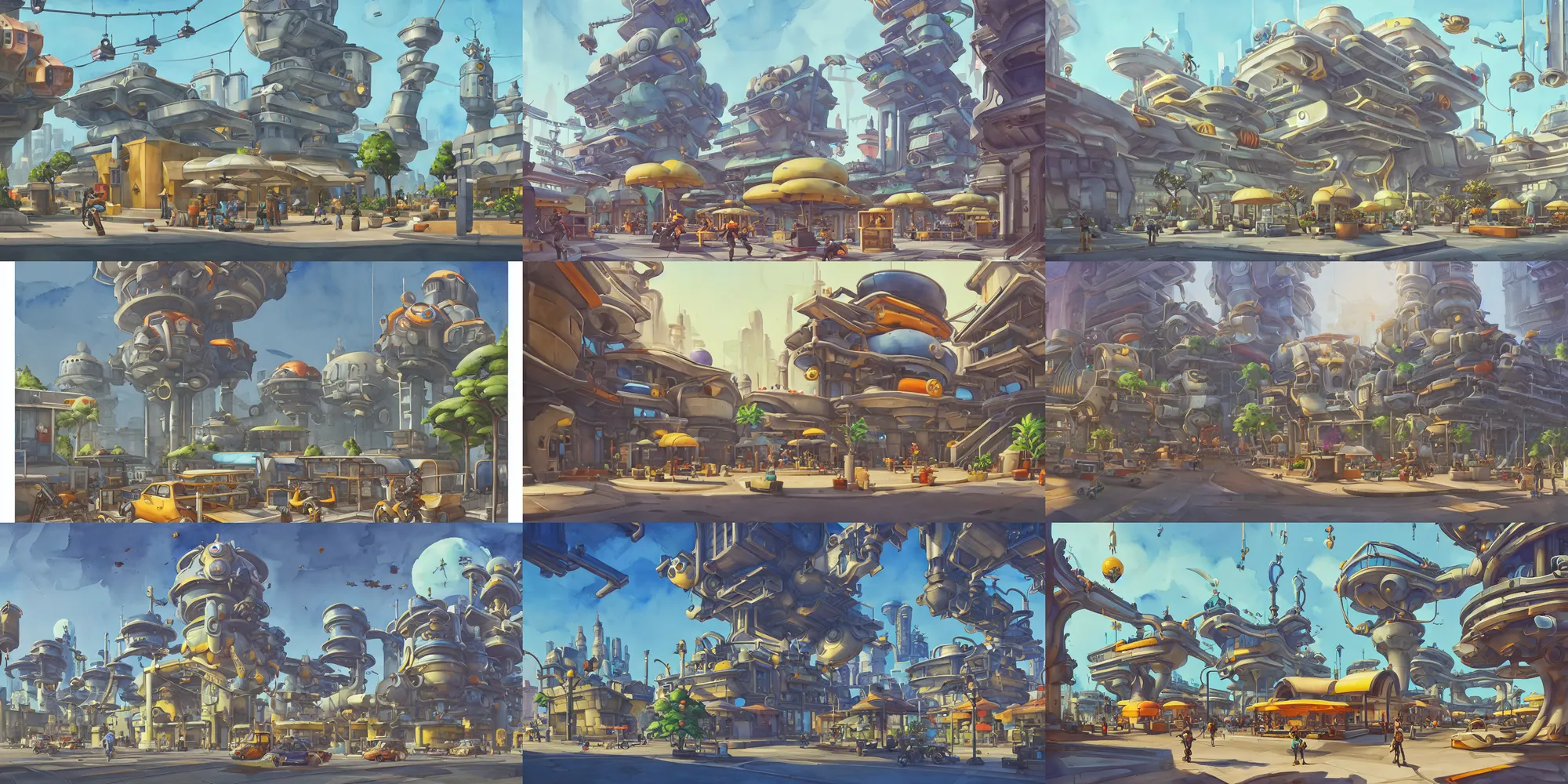 Prompt: overwatch building, stylized, exterior, architecture, in watercolor gouache detailed paintings, insanely detail, artstation, 8 k, futuristic, big medium small, arcane, simon stalenhag, food stall, interesting shapes & form, golden ratio, hard surface, props, lots of decoration and furniture, megastructures, floating city, tree and plants