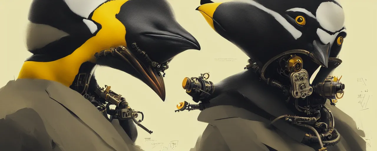 Image similar to duotone yelow black white concept illustration of 3 / 4 portrait of penguin with penguin beak as steampunk cyborg. cinematic volumetric lighting. golden ratio accidental renaissance. by sachin teng and sergey kolesov and ruan jia and heng z. graffiti art, scifi, fantasy, hyper detailed. octane render. concept art. trending on artstation