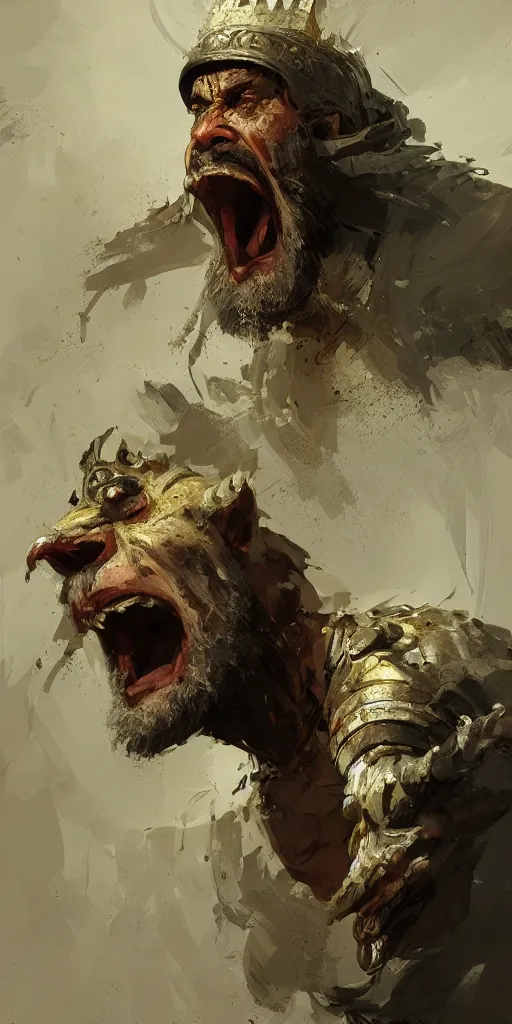 Image similar to Concept art Portrait of the ancient historical biblical SNARLING ANGRYING YELLING, jealous king Saul of Israel by craig mullins and marc simonetti, ARTSTATION, cgsociety, polycount, character design, CINEMATIC, AWE INSPIRING, BEAUTIFUL, ART GERM