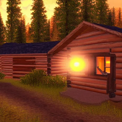 Image similar to a log cabin in the middle of the forest with a dirt path leading up to it, at sunset, Second Life game screenshot