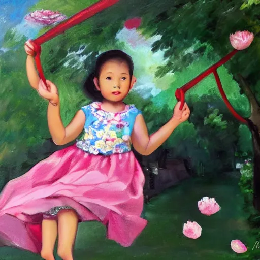 Prompt: A girl in a peony dress swings on a flower swing in Bali style by velasquez