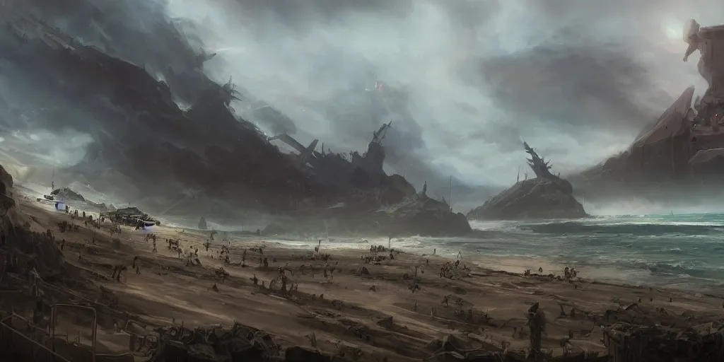 Image similar to WW2 omaha beach, dark fantasy, matte painting, detailed, 4k, style of peter mohrbacher