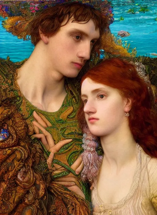 Prompt: detailed colourful masterpiece of intricate preraphaelite art novueau photography couple portrait sat down extreme closeup, love, inside an underwater train, detailed realistic expressions, wearing unusual clothes, by ford madox brown and frederic leighton, ultra wide angle