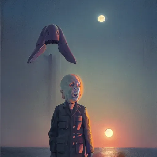 Prompt: unsettling, noble rubbery albino mutant with thin lips, huge eyes and suspicious expression, wearing science fiction police uniform by docks at sunset, by deak ferrand, wayne barlowe, simon stalenhag, and greg rutkowski