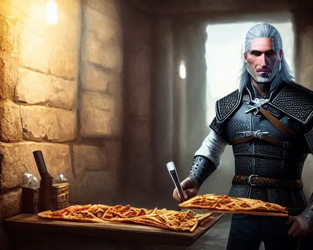 Image similar to 5 5 mm portrait photo of geralt of rivia serving shawarma, in kaer morhen. dark atmosphere. art by greg rutkowski. highly detailed 8 k. intricate. lifelike. soft light. nikon d 8 5 0.