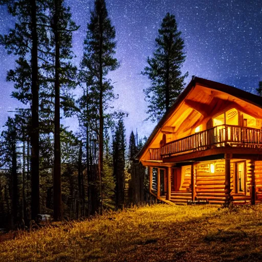 Prompt: cabin in the woods, night, exterior view, photography, 4k, 8k