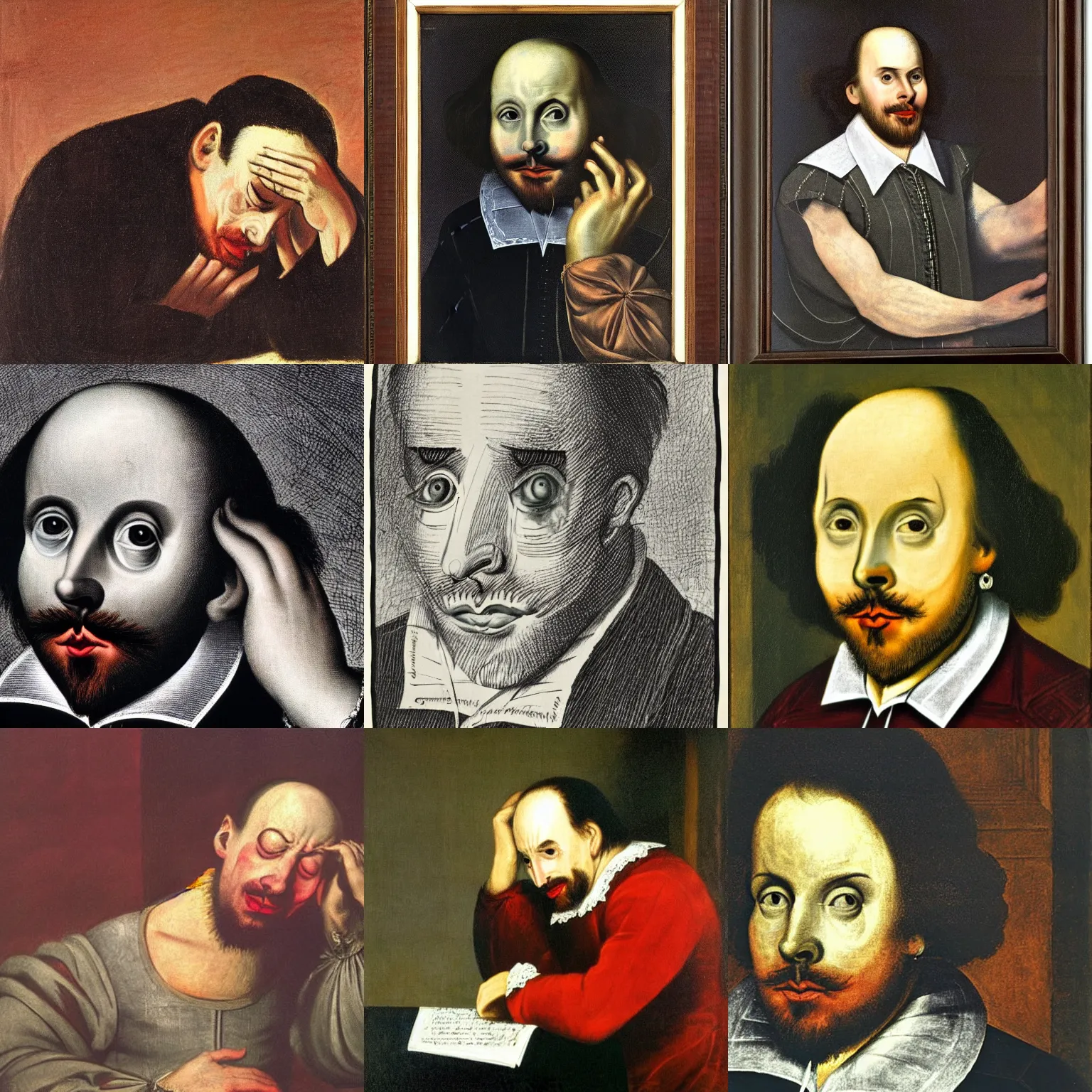 Prompt: a jealous william shakespeare crying because he's not good enough, by francis bacon