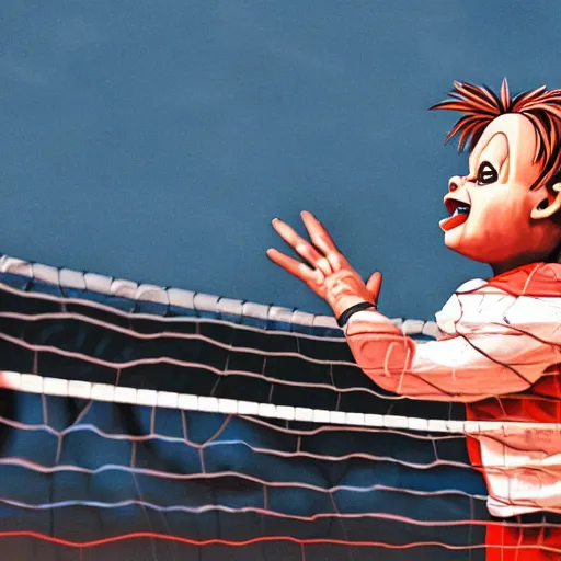 Image similar to screaming chucky doll playing volleyball and wearing tight volleyball shorts