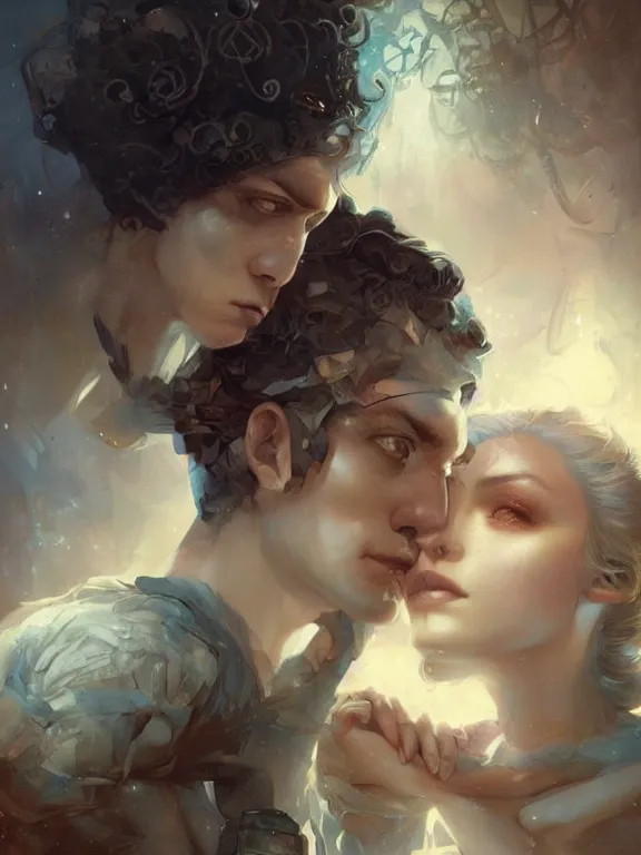 Image similar to a gorgeous portrait of two star-crossed lovers with the weight of their connection bearing down on them, hyperrealistic, award-winning, in the style of Tom Bagshaw, Cedric Peyravernay, Peter Mohrbacher