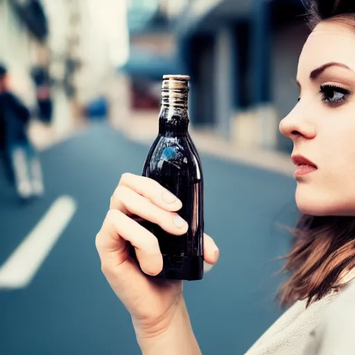 Image similar to photograph of woman holding a bottle in street, fashion shoot, award winning, kodak, 4 k, realistic intricate detail, hyper detail, woman very tired, full body potrait holding bottle, hazel green eyes, realistic, highlydetailed, natural, masterpiece, sharp focus,