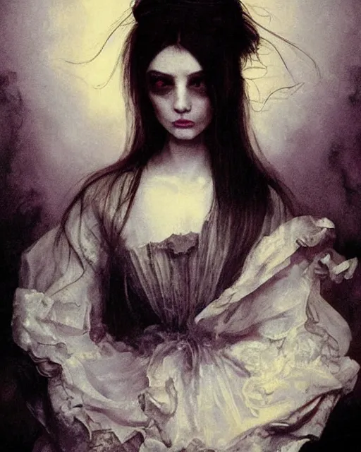 Image similar to a beautiful and eerie baroque painting of a beautiful but creepy girl in layers of fear, with haunted eyes and dark hair piled on her head, 1 9 7 0 s, seventies, wallpaper, a little blood, morning light showing injuries, delicate embellishments, painterly, offset printing technique, by brom, moebius, robert henri, walter popp