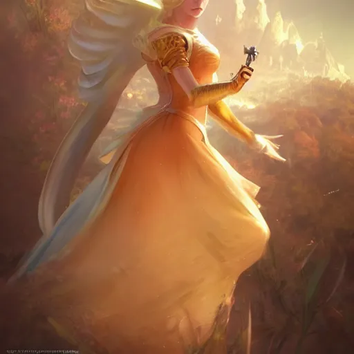 Prompt: princess peach, posing heroically, heavenly, full body close-up shot, elegant, realistic character concept, high fantasy, light atmosphere, golden ratio, cinematic lighting, hyperdetailed, high resolution, insanely detailed and intricate, artstation, Marc Simonetti, Greg Rutkowski, octane render, 8k