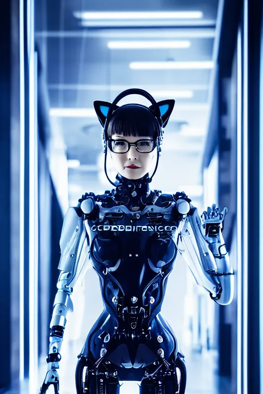 Prompt: cybernetic ultra high tech female secretary with cat ears, sci - fi, cyberpunk, high tech, futurism, exoskeleton, symmetry, cinematic, elegant, luxury, perfect light, perfect composition, dlsr photography, sharp focus, 8 k, ultra hd, sense of awe, highly detailed, realistic, intricate, science journal cover