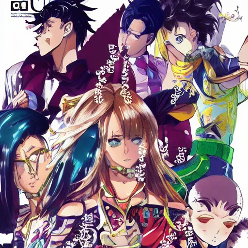 Image similar to Magazine Cover Anime key visual of a Gucci girl; official media; typography; drawn by Hirohiko Araki; Jojo's Bizarre Adventure; Jojolion, portrait, made by Stanley Artgerm Lau, WLOP, Rossdraws, James Jean, Andrei Riabovitchev, Marc Simonetti, Yoshitaka Amano, ArtStation