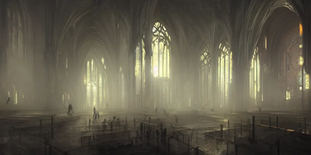 Image similar to inside diamond, by Greg Rutkowski, concept art, fantasy, gothic cathedral, light through the mist, dramatic lighting, photorealistic, cinematic lighting, high detail, cinematic feel, high octane, 4K, Unreal Engine, digital render, intricate, ultra realistic, crepuscular ray, low angle, superwide shot, lunapunk