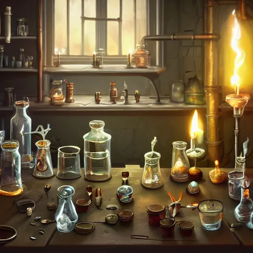 Image similar to A wizard's laboratory, full of beakers and potions, experiment in progress on the table, candles everywhere, dangerous, mysterious, artstation, digital painting, top-rated, award winning, highly detailed, by Justin Peters and Jeszika Le Vye