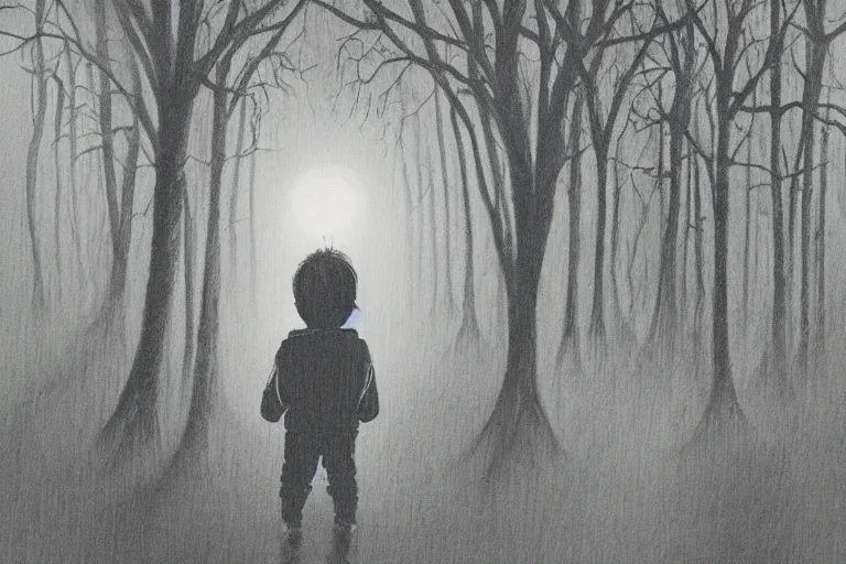 Prompt: a moody scene of a little boy talking with a spirit like a ghost in the middle of a rain forest at night, ultra realistic, style of Angela Deane