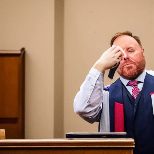 Prompt: Alex Jones desperately reaching for his out of reach phone in the courtroom, EOS 5DS R, ISO100, f/8, 1/125, 84mm, RAW Dual Pixel, Dolby Vision