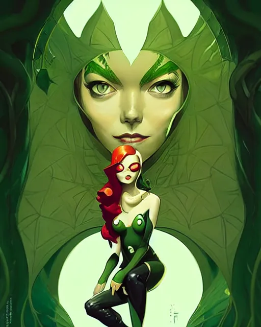 Prompt: peter mohrbacher, phil noto comicbook cover art, artgerm, emma stone poison ivy, vines, symmetrical eyes, full body, green outfit, city rooftop