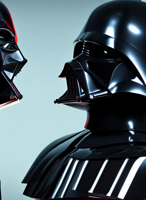 Image similar to Film poster the Darth Vader VS Robocop , faces look at each other, detailed and realistic, 4k, filmic render