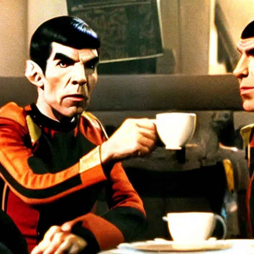 Image similar to photo of mr spock drinking coffee with a klingon, cinematic, movie still