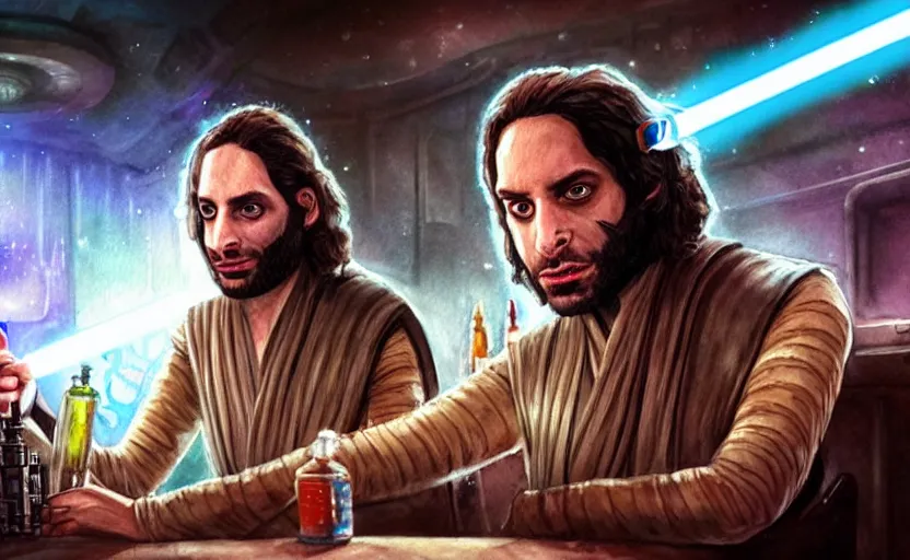 Prompt: an accurate realistic star wars watercolor fantasy concept art of a drug dealer that looks like chris d'elia looking crazy in a sleazy futuristic bar of coruscant, hq, 4 k