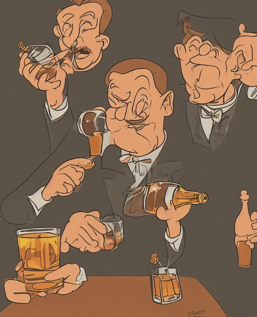 Image similar to man drinking whiskey on birthday, highly detailed 2 d illustration in matte colors, artwork by disney studio