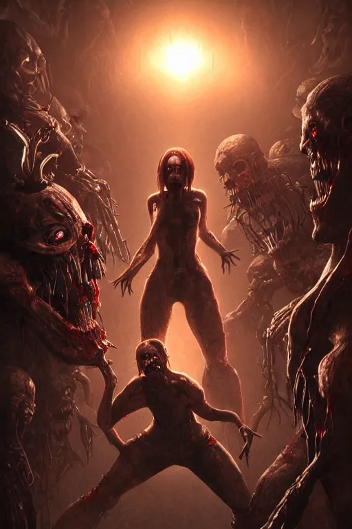 Prompt: beautiful cinematic horror poster with raging zombies, hybrid from Doom and art direction by Darius Zawadzki ;by artgerm; wayne reynolds art station; cinematic quality character render; low angle; ultra high quality model; production quality cinema model;