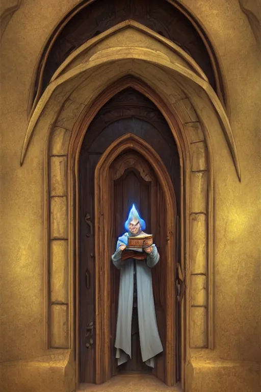 Prompt: an old wizard holding a book stands in front of an elaborate arched wooden door. stone steps lead up to the door. by mike allred and moebius and karol bak sharp digital painting. dreaming latent space. matte painting, concept art. artstation. digital render. realistic, 8 k