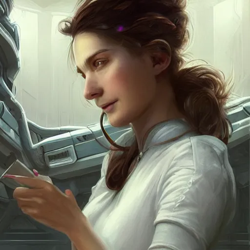 Image similar to epic portrait an woman engineer fixing an starship during winter, white t shirt with a vest, pretty face, glossy skin, beauty digital painting, artstation, concept art, soft light, hdri, smooth, sharp focus, illustration, fantasy, intricate, elegant, highly detailed, D&D, matte painting, in the style of Greg Rutkowski and Alphonse Mucha and artemisia, 8k, highly detailed, jurgens, rutkowski, bouguereau, pastoral, rustic, georgic