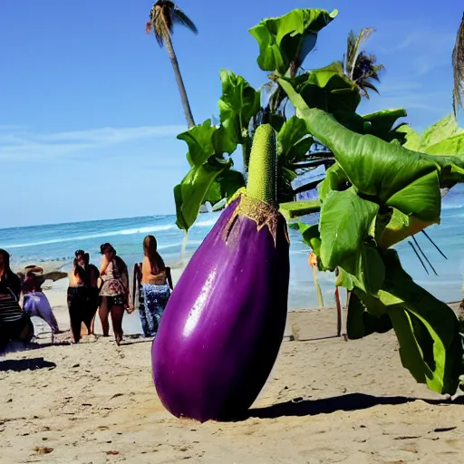 Prompt: huge eggplant in look like robot sunbathing on the beach among people, photo,