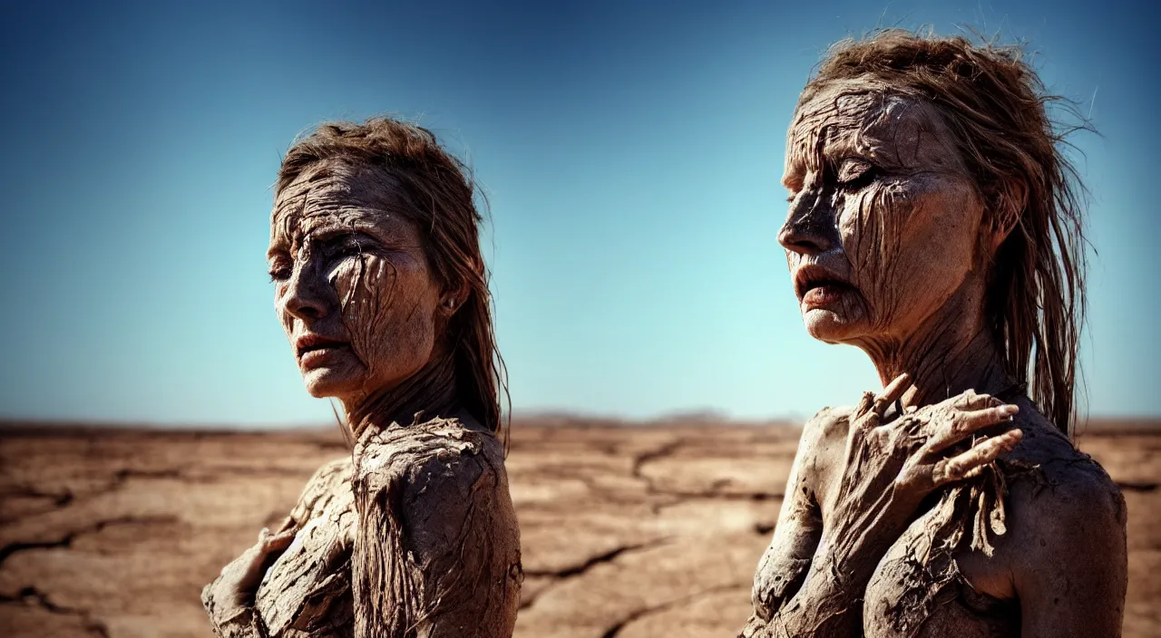 Image similar to close-up of a crying ancient dried up goddess, peaceful, facing the camera and standing in front of a dried up river in a desolate land, dead trees, blue sky, hot and sunny, highly-detailed, elegant, dramatic lighting, artstation, 4k, cinematic landscape, photograph by Elisabeth Gadd