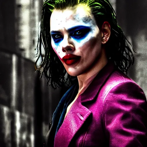 Image similar to awe inspiring Scarlett Johansen as The Joker 8k hdr